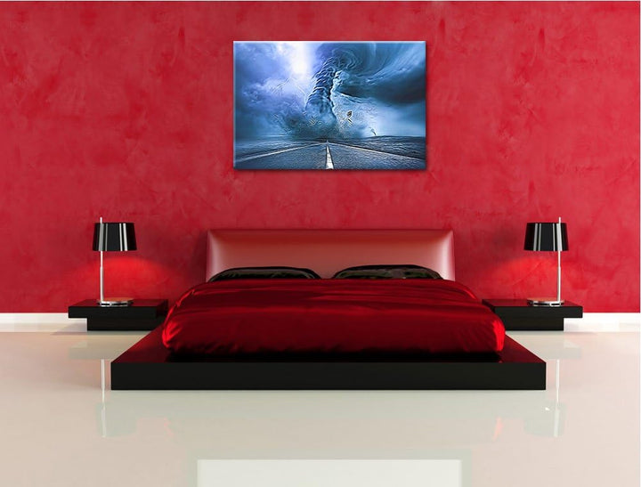stürmender Tornado auf einer Landstrasse Format: 100x70 auf Leinwand, XXL riesige Bilder fertig gera