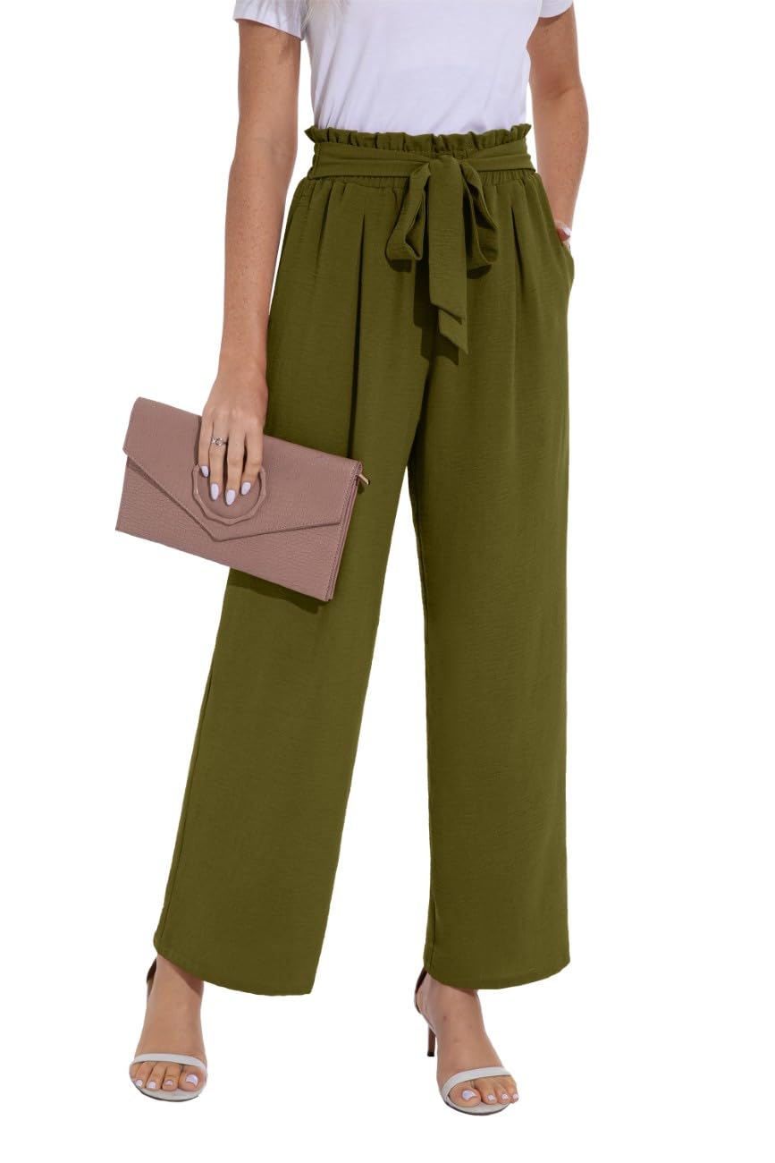 PrinStory Damen Hose Mit Weitem Bein Leichte Elastische Taille Sommer Hose Mit Taschen Kausale Arbei