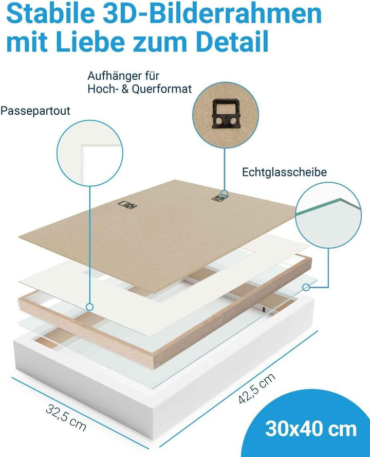 PHOTOLINI 3D Bilderrahmen zum Befüllen 30x40 Weiss gross, 1,5 cm tiefer Objektrahmen mit Glas, tiefe