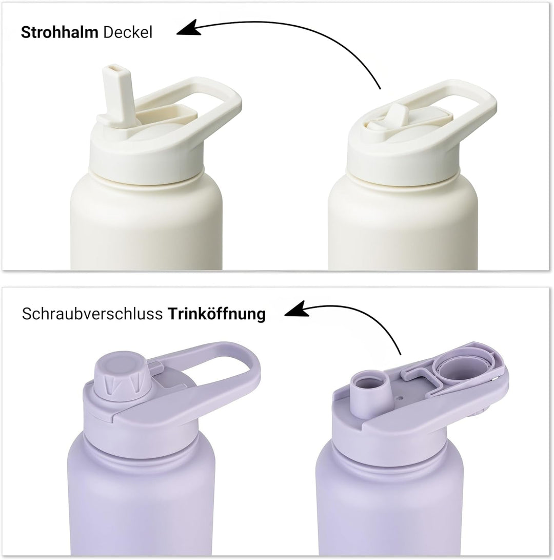 Vinsun Trinkflasche Edelstahl creme 750ml - auslaufsicher, Kohlensäure geeignet, BPA frei - Strohhal