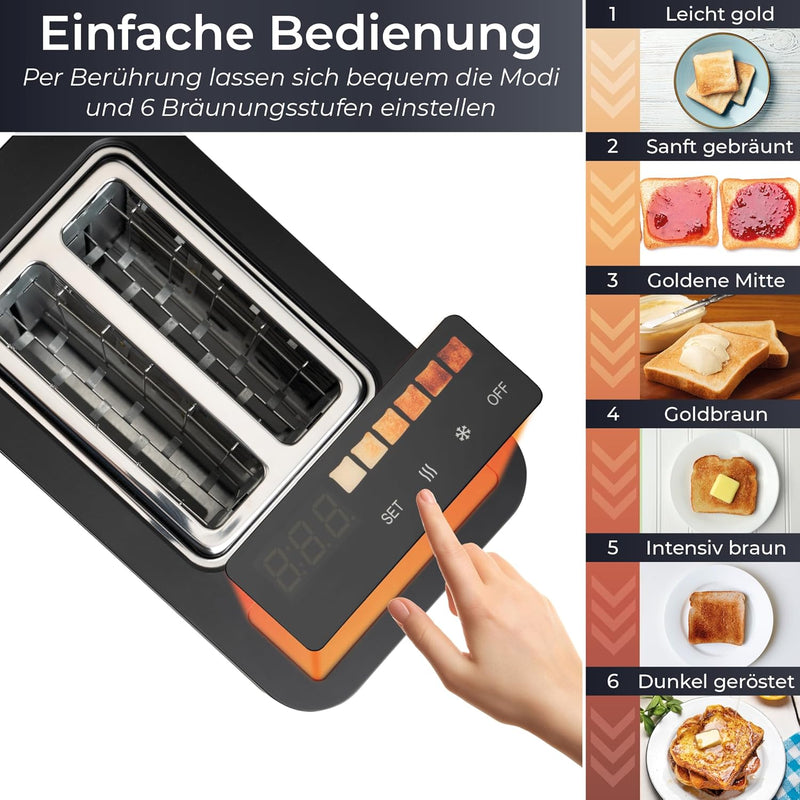 KLAMER Toaster, Toaster mit Brötchenaufsatz, hochwertiger 2 Scheiben-Toaster, 6 Bräunungsgrade, Touc