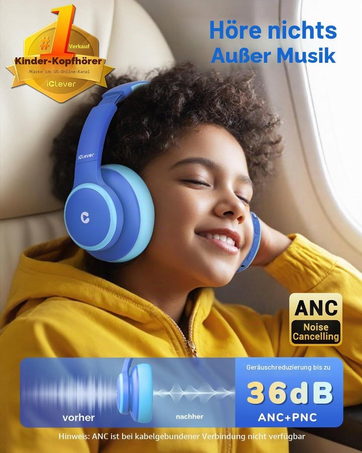 iiClever Noise Cancelling Bluetooth Kopfhörer Kinder, 60 Spielzeit, Sichere Lautstärke 80 dBA, Typ-C