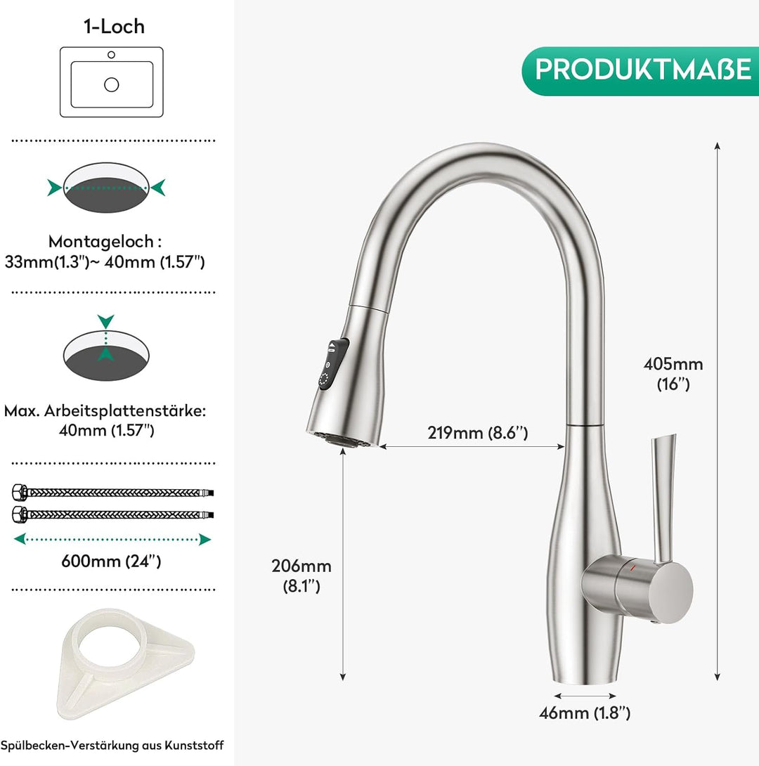CREA Wasserhahn Küche mit 3 Funktionen Brause, Küchenarmatur mit Ausziehbarer Brause, 360° Drehbar M