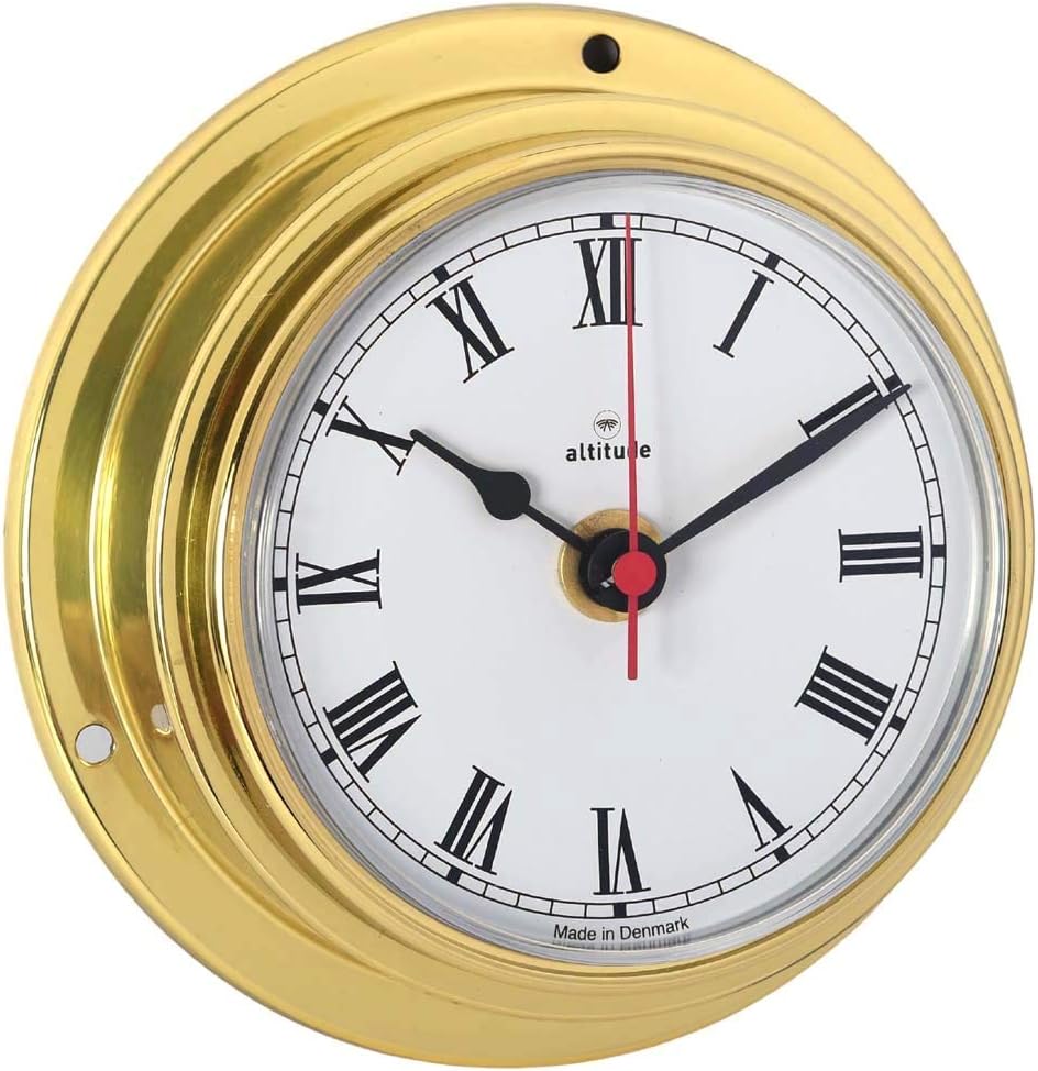 Altitude Delite Wanduhr Messing poliert weisses Zifferblatt römische Ziffern Durchmesser 125 mm