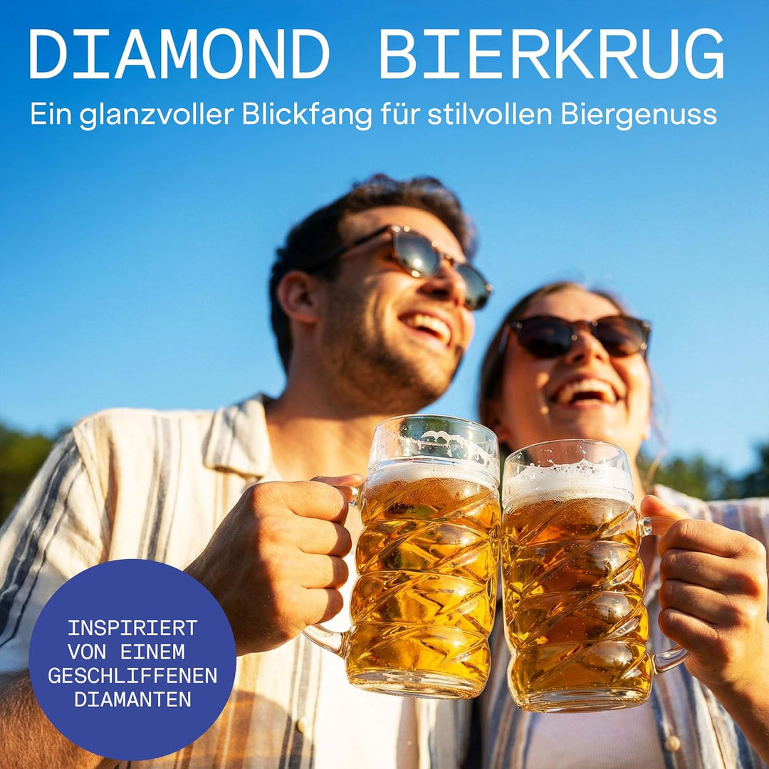 Stölzle Lausitz Bierkrug Diamond / 6er Set Bierkrüge 1 Liter mit Schild/Stabiler Bier Krug/Masskrug