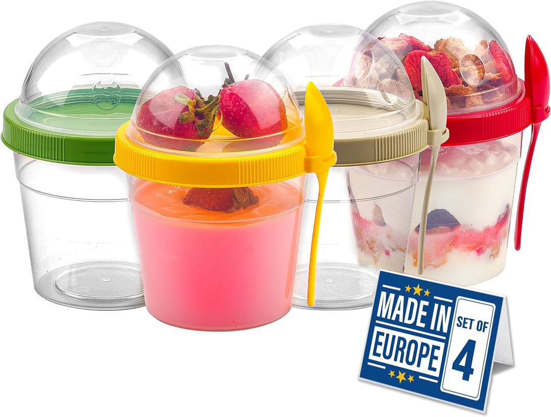 CRYSTALIA Joghurt Becher to Go mit Deckel Set 4 500ml 100% BPA FREI Müslibecher to Go, Porridge To G