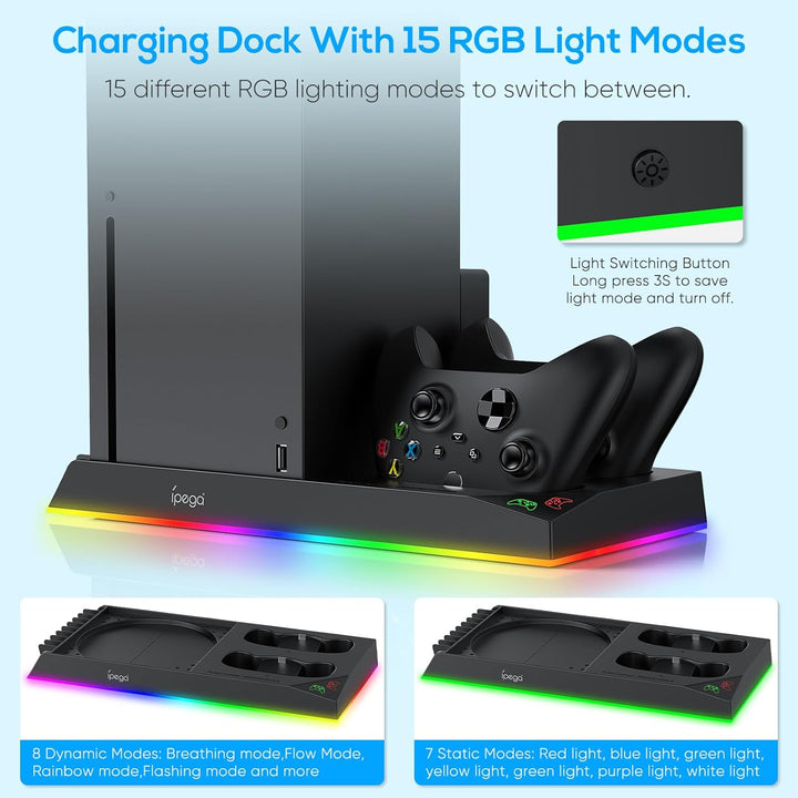 RGB-Ladeständer mit Kühlgebläse für Xbox Series X Konsole & Controller,Duale Ladestation Kühler Syst