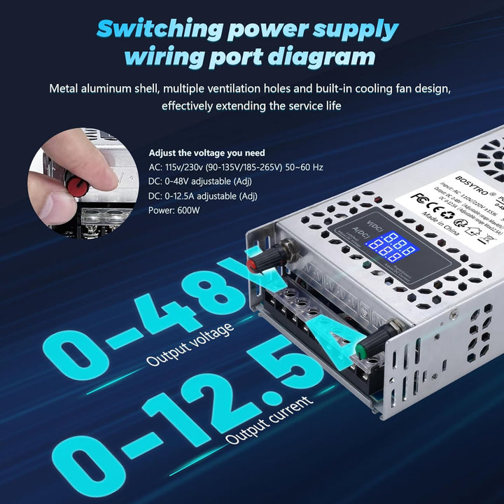 BOSYTRO Einstellbar Schaltnetzteil AC 110V/220V to DC 0-48V Transformator 12.5A 600W Spannung Digita
