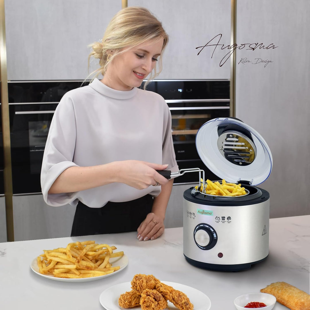 Augosma Mini Fritteuse Mit öl | 850-950W l Kapazität: 1 Liter l Sichtfenster l Frittierkorb aus Edel