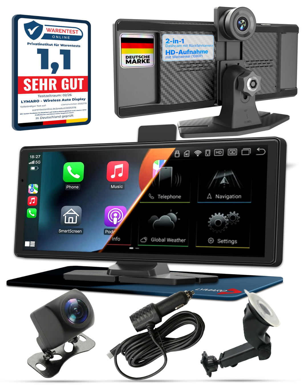 Wireless CarPlay Display & Android Display fürs Auto, tragbares Apple Auto CarPlay Display & Android