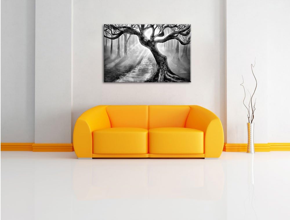Pixxprint Baum am Waldweg / 100x70cm Leinwandbild bespannt auf Holzrahmen/Wandbild Kunstdruck Dekora