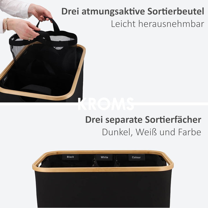 Wäschekorb mit Deckel 160L - Schwarz - Wäschekorb 3 Fächer - Wäschesortierer 3 Fächer - Korb mit Dec