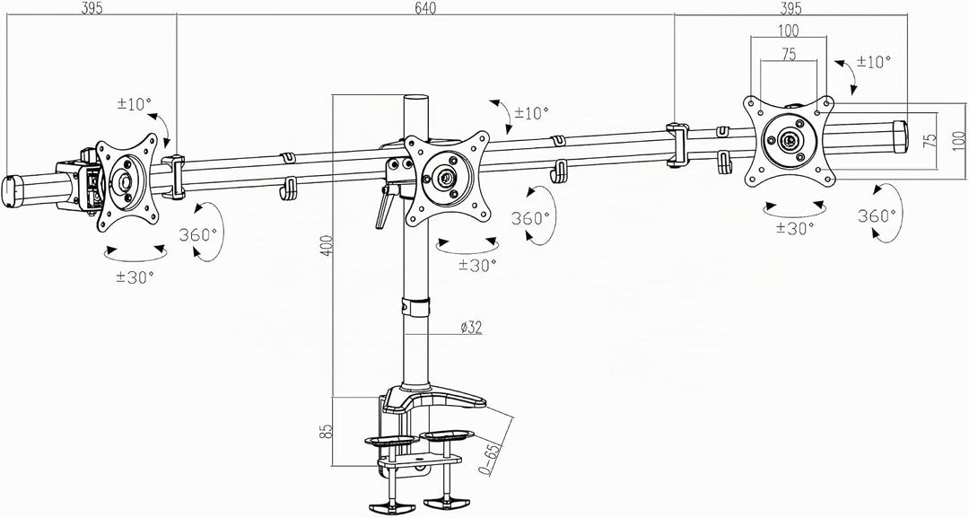 HFTEK - Monitor TV Halter Mounts Tischhalterung für 3 Bildschirme von 15 bis 27 Zoll – VESA 75/100 -
