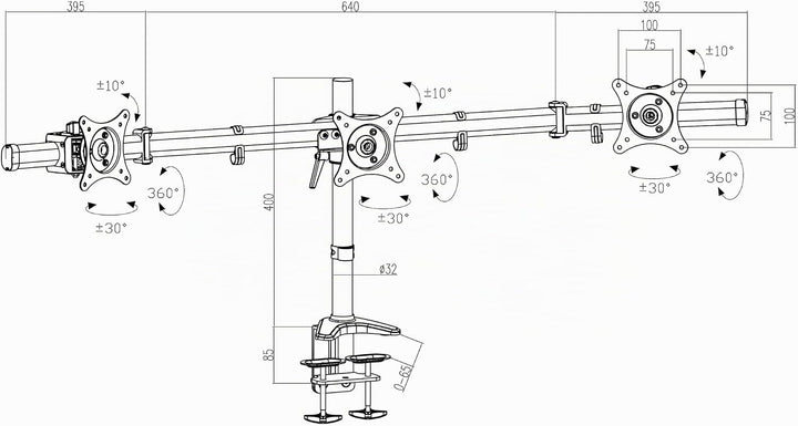 HFTEK - Monitor TV Halter Mounts Tischhalterung für 3 Bildschirme von 15 bis 27 Zoll – VESA 75/100 -