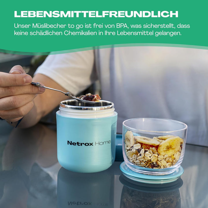 NetroxHome - Müslibecher To Go mit Löffel, Auslaufsicherer Joghurtbecher To Go aus Edelstahl, Lunchb