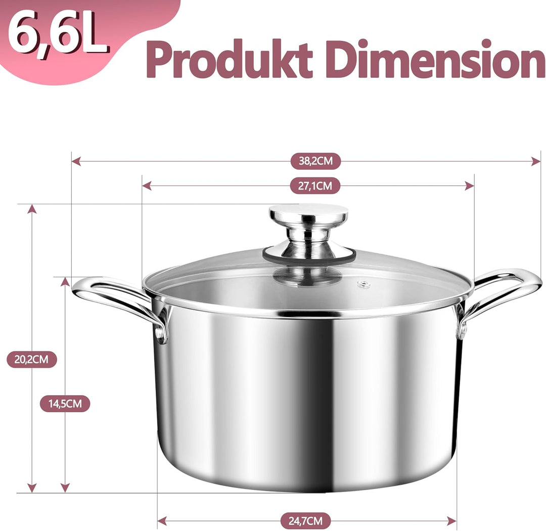 TEAMFAR Kochtopf Gross 26cm, 3-Lagen Edeastahl 6,6L Topf mit Glasdeckel für alle Herdarten, Suppento
