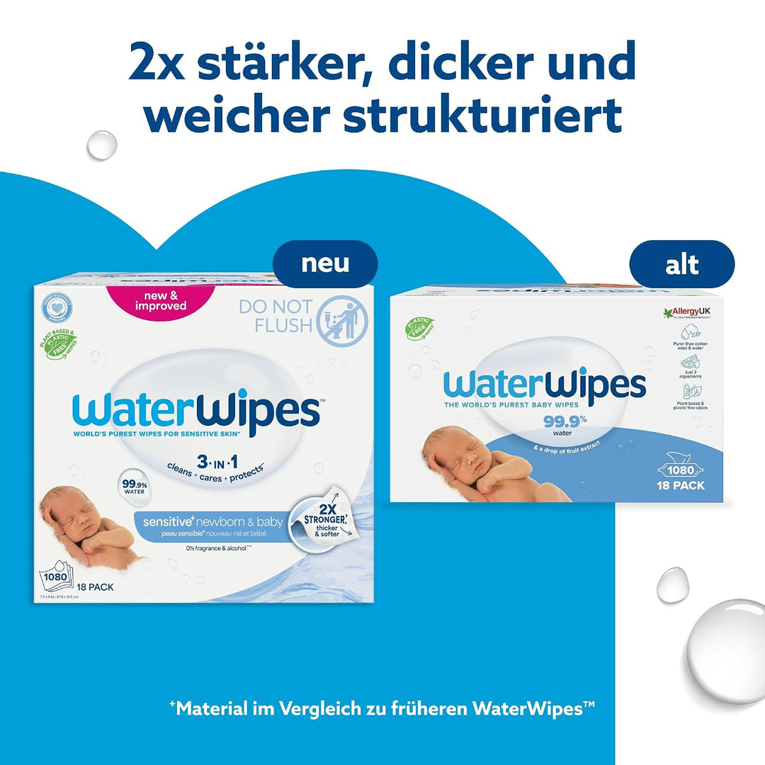 WaterWipes Original plastikfreie Feuchttücher für Babys und Kleinkinder 1080 Stück (18 Packungen), h