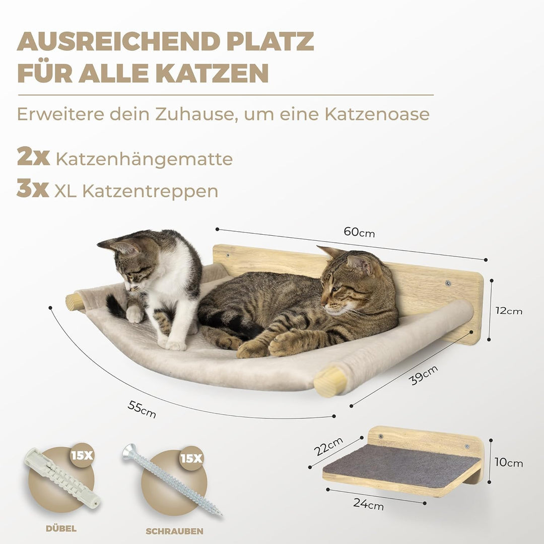 WOOWOOD® 2X Kletterwand Katzen - 2X Katzentreppe Wand [Vollholz] - Kratzbaum Wand - Hängematte Katze