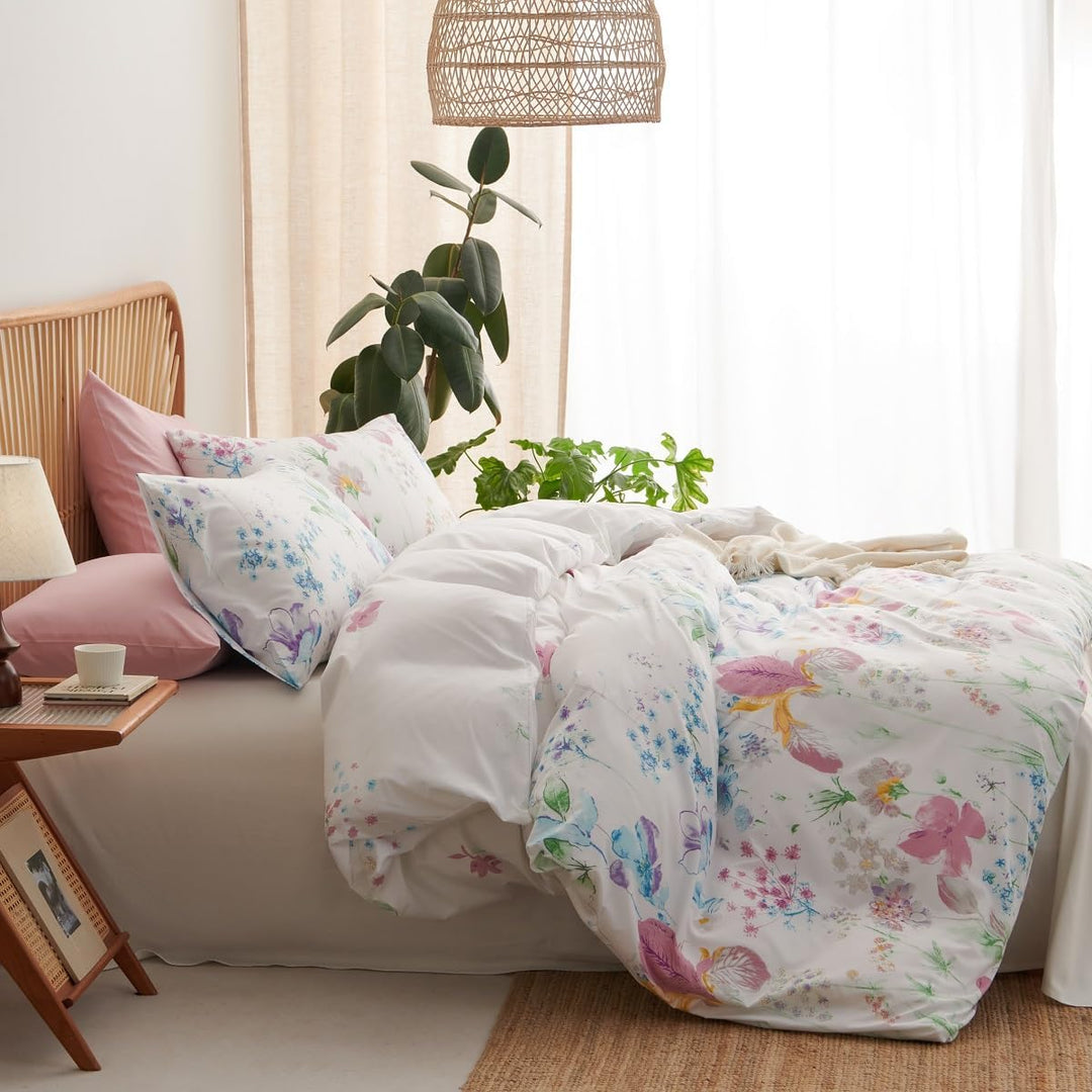 Lanqinglv Bettwäsche 135x200 cm Weiss Lila Blätter Blumen Muster Pflanzen Wende Bettwäsche Set Bunt
