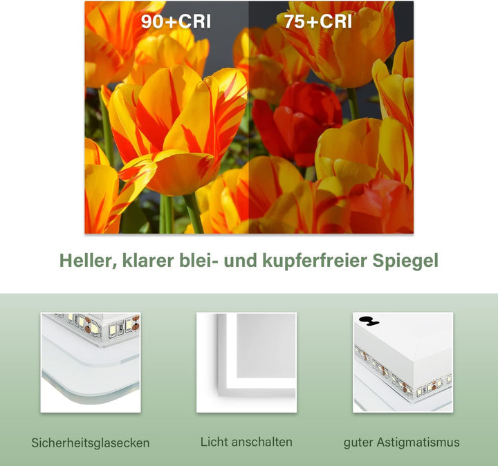 Badspiegel mit Beleuchtung 60 x 50cm WandSchalter Lichtspiegel Horizontale und vertikale Aufhängung
