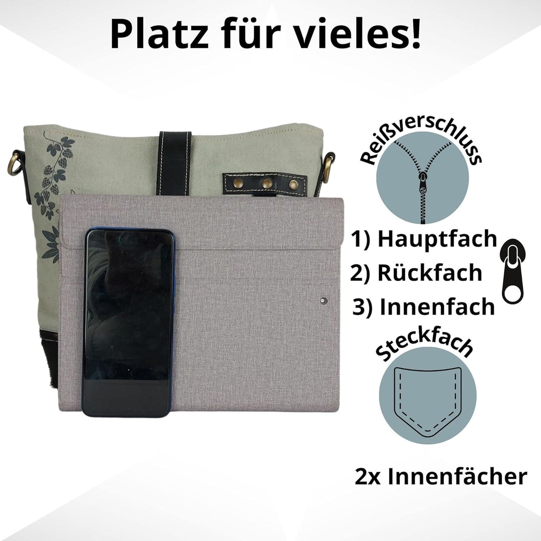 Domelo Damen Trachtentasche. Umhängetasche mit Edelweiss & Hopfenzweig Aufdruck. Graue Crossover Bag