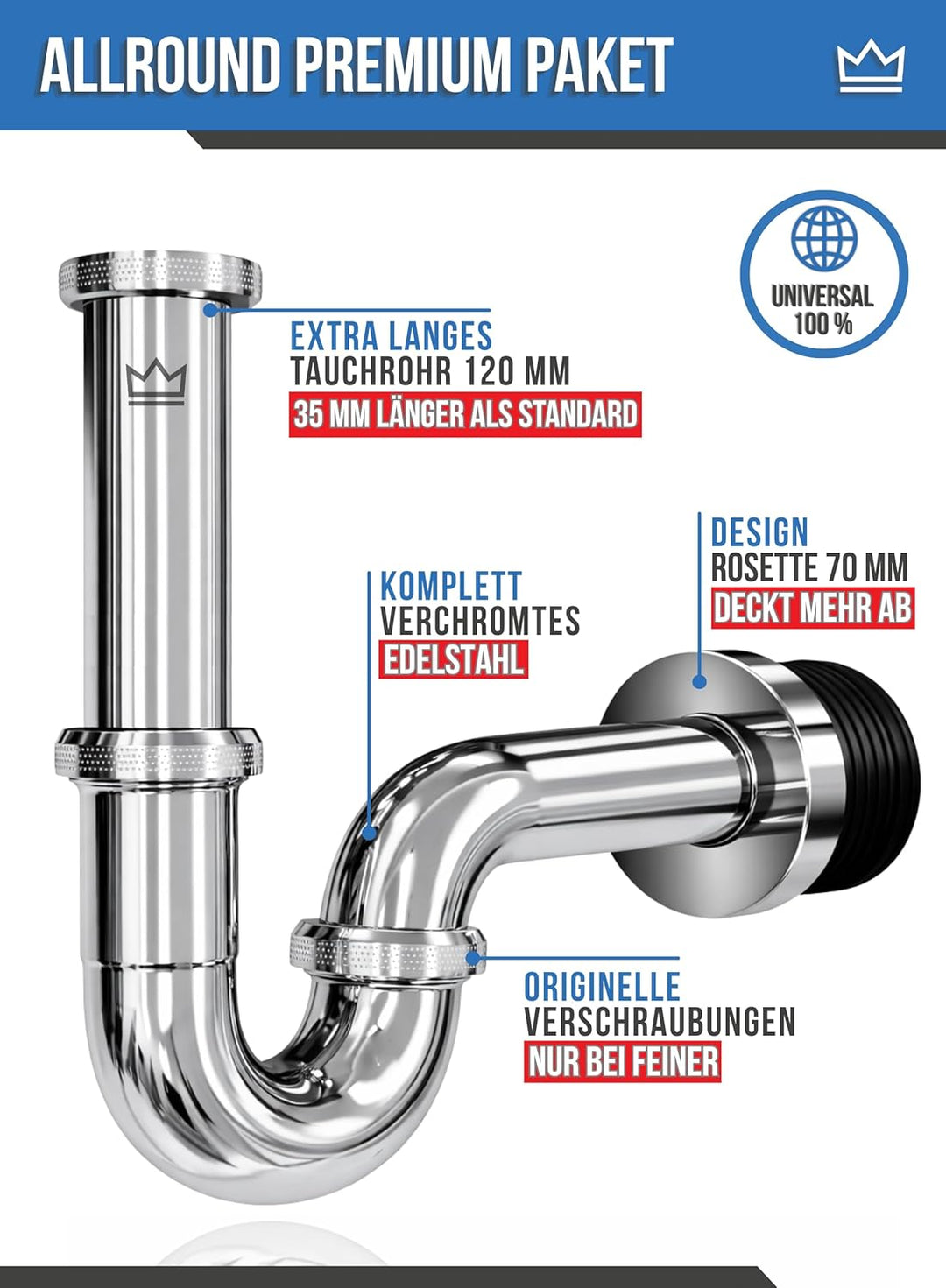 FEINER® - Premium Universal Siphon für Waschbecken Edelstahl, Abflussrohr Tauchrohr 2-12cm höhenvers