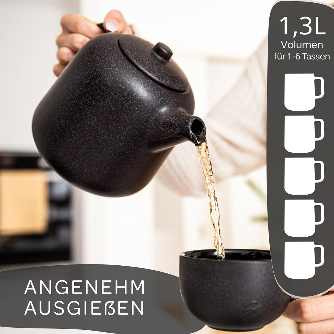 STEINZEIT Design Teekanne mit Stövchen (1,3L) – mit Siebeinsatz aus rostfreiem 304 Edelstahl – Keram