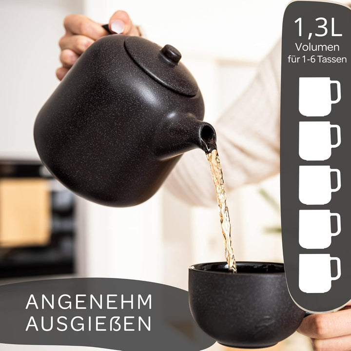 STEINZEIT Design Teekanne mit Stövchen (1,3L) – mit Siebeinsatz aus rostfreiem 304 Edelstahl – Keram