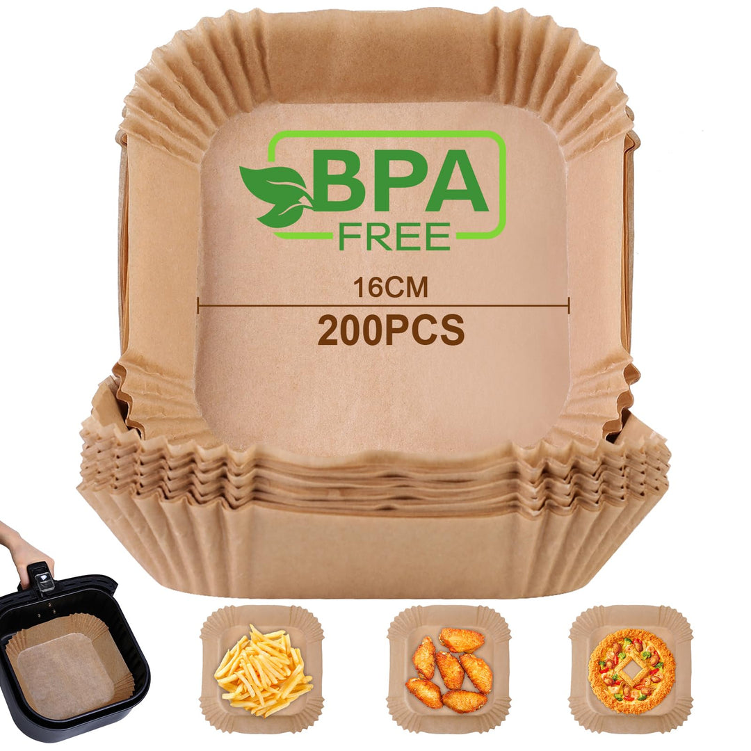 AiQInu Backpapier für Heissluftfritteuse, 200 Stück 16cm BPA-frei Airfryer Backpapier Eckig Wasserdi