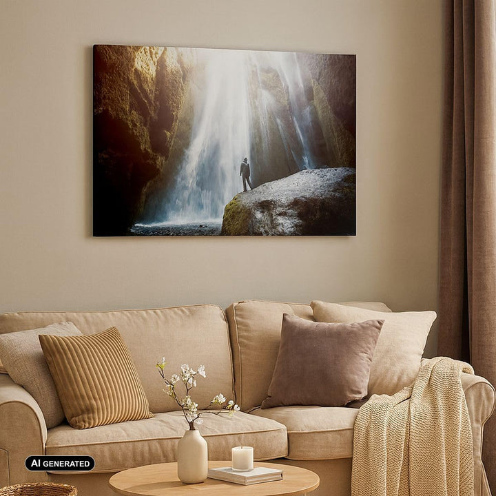Bilder auf Leinwand 100x70cm Leinwandbild mit Rahmen Berg Wasserfall Gross Wanddeko Bild Schlafzimme