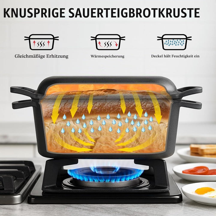 GFTIME Gusseisen Topf 35cm Brot Backen, Brotbackform mit Deckel - Robuste Brotbackform mit Deckel -