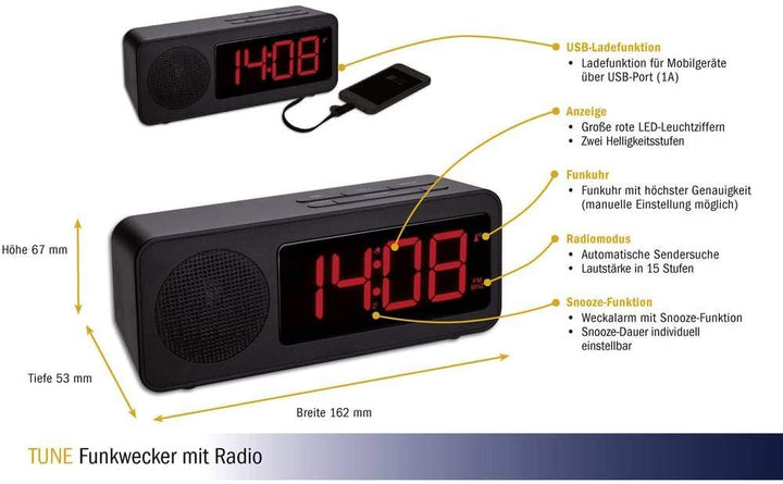 TFA Dostmann Funk-Wecker, 60.2546.01, mit Radiofunktion, kontraststarkem Display und Ladefunktion fü
