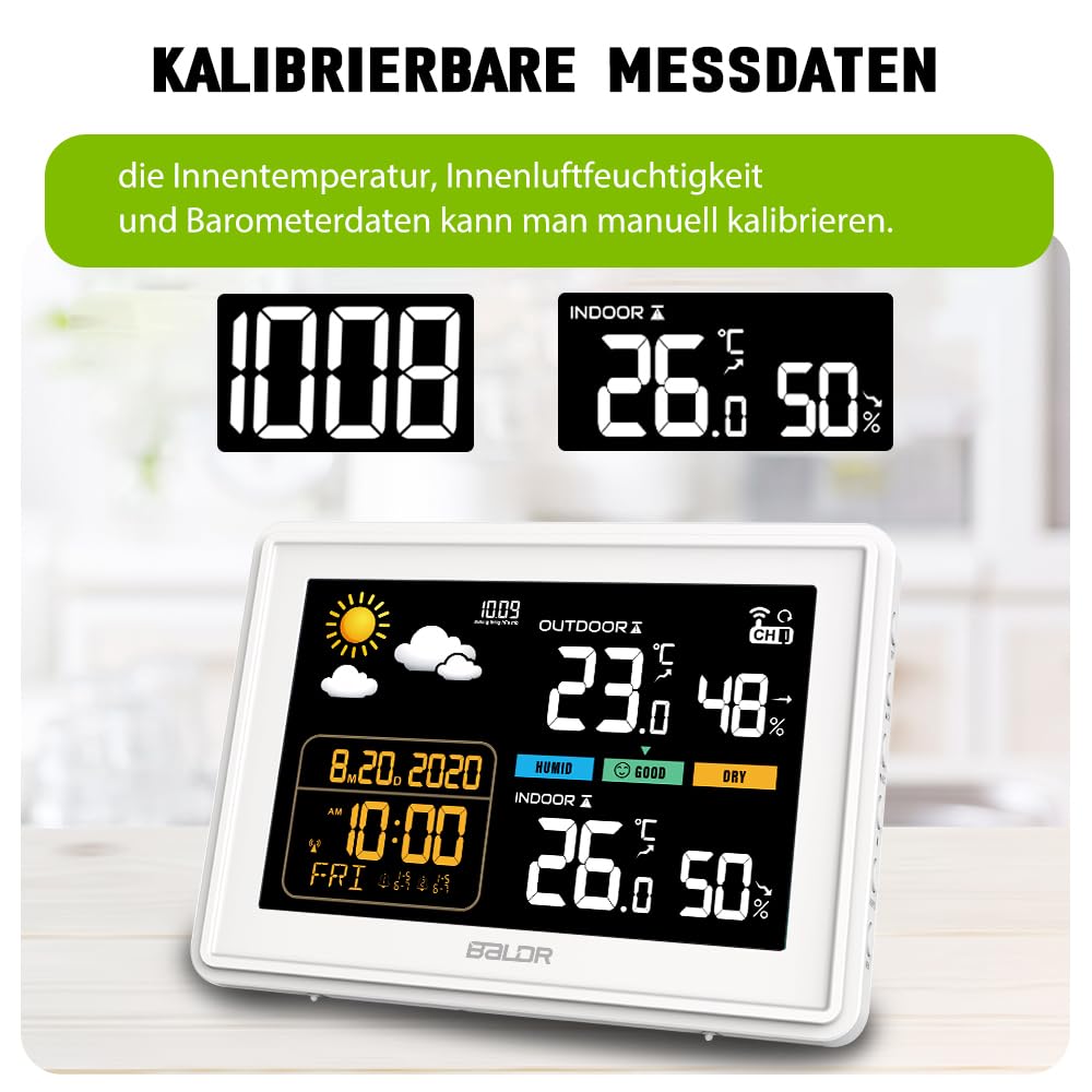 Konsen Wetterstation funk mit Aussensensor DCF Funkuhr, Farbdisplay mit grossen Zahlen von Innen und