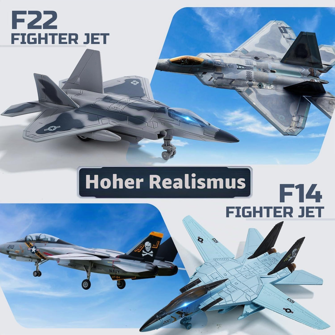 HOLYFUN Doppelte Kampfjets F14 &amp; F22 – Metallflugzeuge mit Licht &amp; Sound, Rückzieh Militär Flugzeug