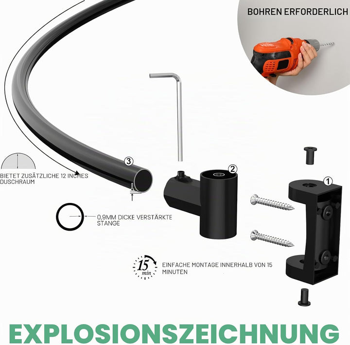 PrettyHome verstellbare gebogene Duschvorhangstange, rostfrei, erweiterbar, Aluminium, Metall, Dusch