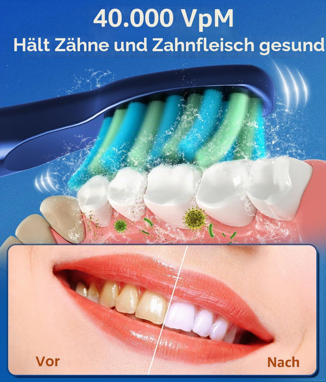 Demita Elektrische Zahnbürste, Schallzahnbürsten mit 8 Bürstenköpfen 40000 VPM 5 Modi, Schallzahnbür