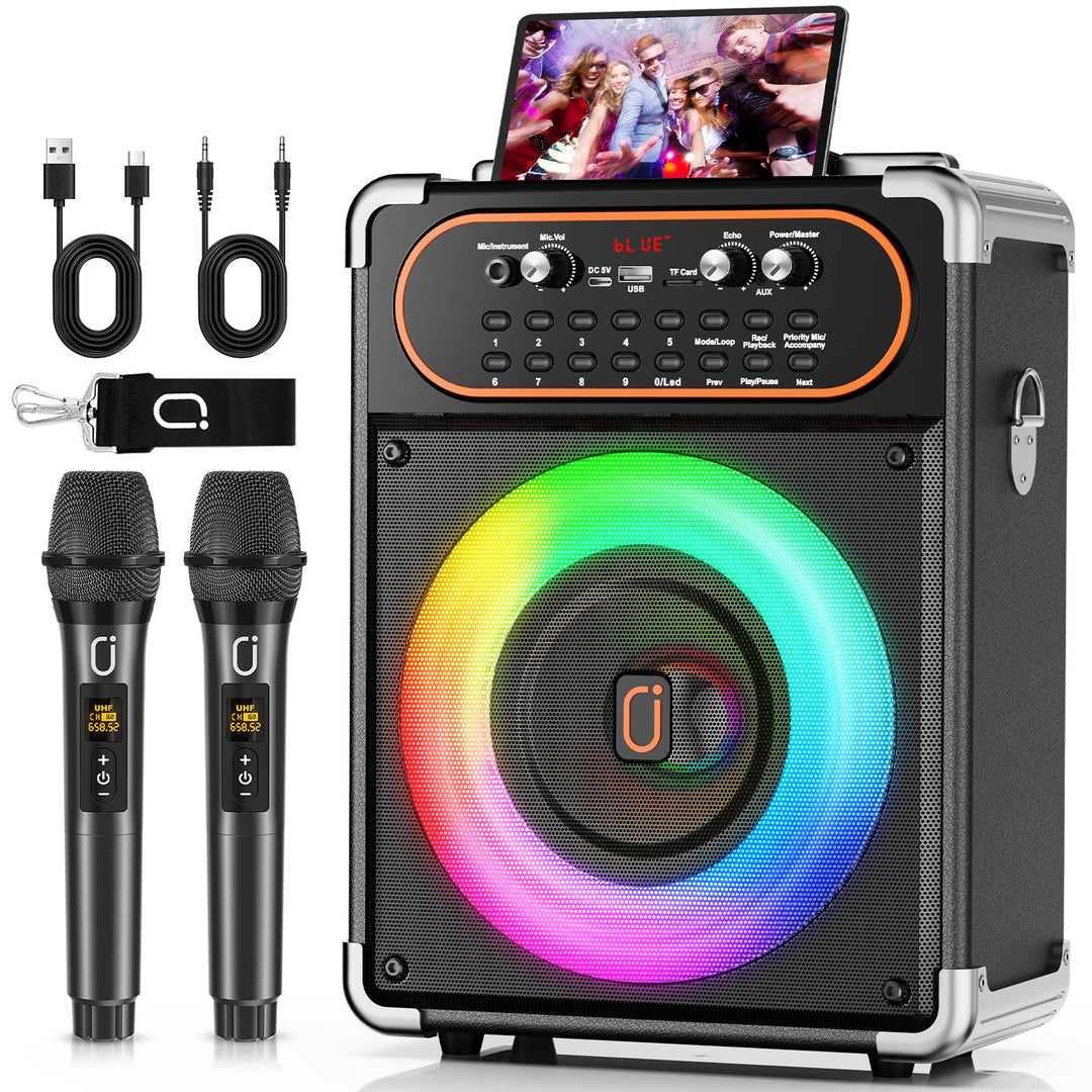 Karaoke Maschine mit 2 Mikrofonen, Tragbarer Kabelloser Lautsprecher Party Musik Box mit LED-Leuchte