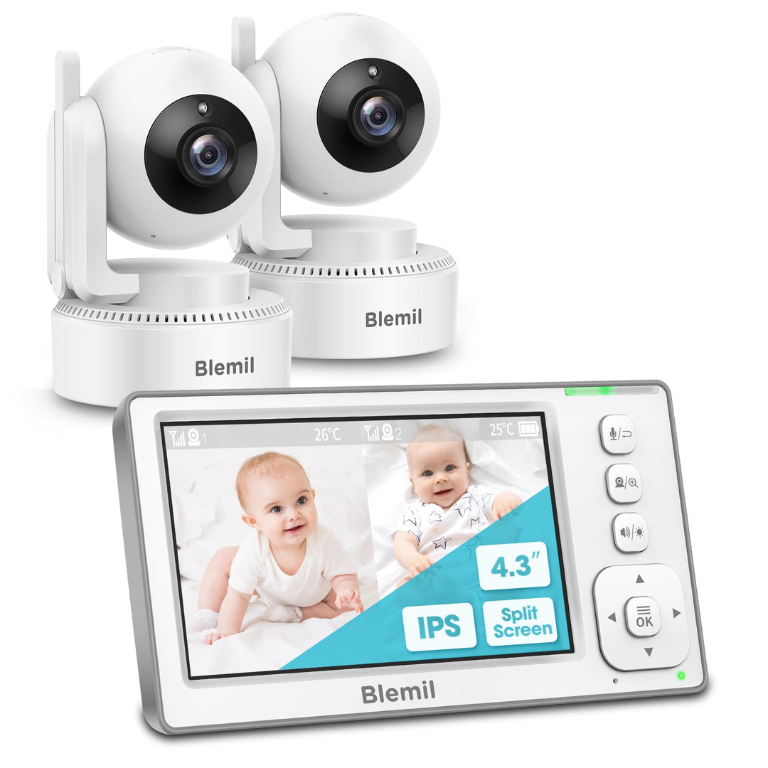 Blemil Aktualisierte Version Babyphone, 4.3'' IPS Split-Screen-Monitor mit 29-Stunden-Akku, Schwenk-