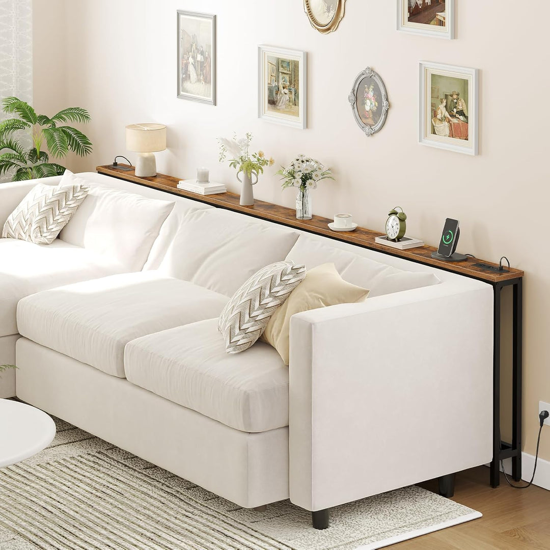 HOOBRO Schmaler Konsolentisch, 140 cm Langer Beistelltisch, Sofatisch mit Ladestation, Eingangstisch