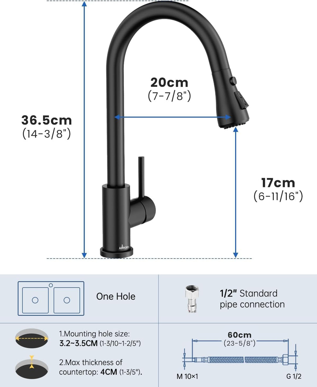 APPASO Wasserhahn Küche Schwarz, Hochdruck Küchenarmatur Ausziehbar, Mischbatterie mit 3 Strahlarten