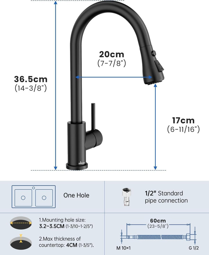 APPASO Wasserhahn Küche Schwarz, Hochdruck Küchenarmatur Ausziehbar, Mischbatterie mit 3 Strahlarten