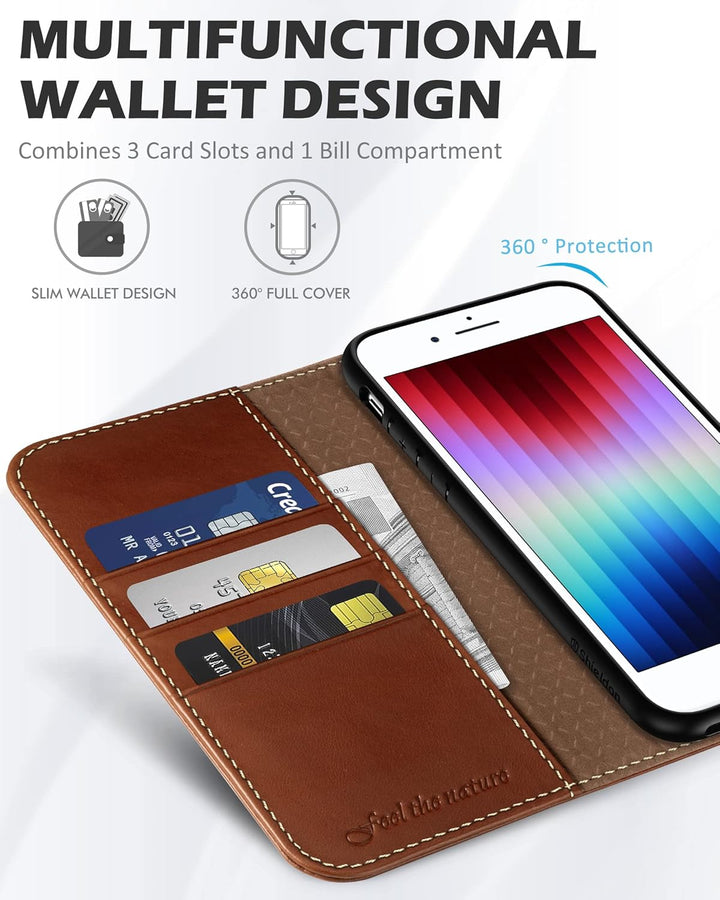 SHIELDON Hülle für iPhone SE 2022/iPhone 8 5G Handyhülle [Rindsleder] [Kartenfach] [Stand], Schutzhü