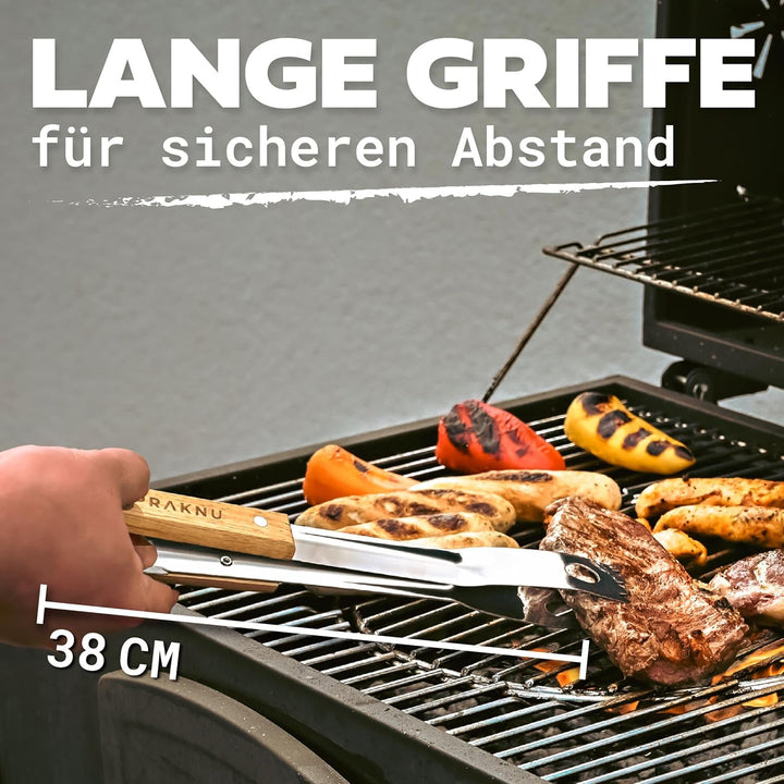 Praknu Grillbesteck Set mit Holzgriffen und Tragetasche - Hitzebeständig, Rostfrei und Robust - Gril
