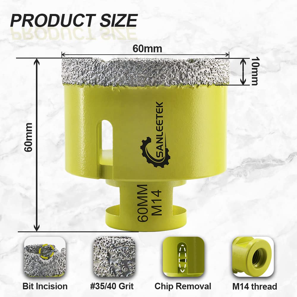 Diamant-Fliesenbohrer 60mm SANLEETEK Vakuumgelötet Diamant-Lochsäge für Keramik Porzellan Marmor Gra