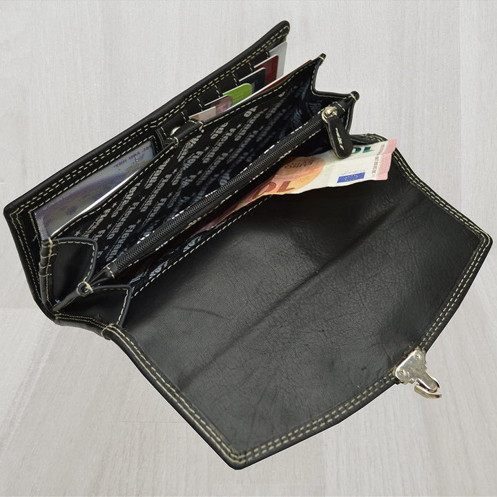 flevado Damengeldbörse Echt Leder RFID Schutz Schnallenoptik Klickverschluss 3 Farben wählbar (Schwa