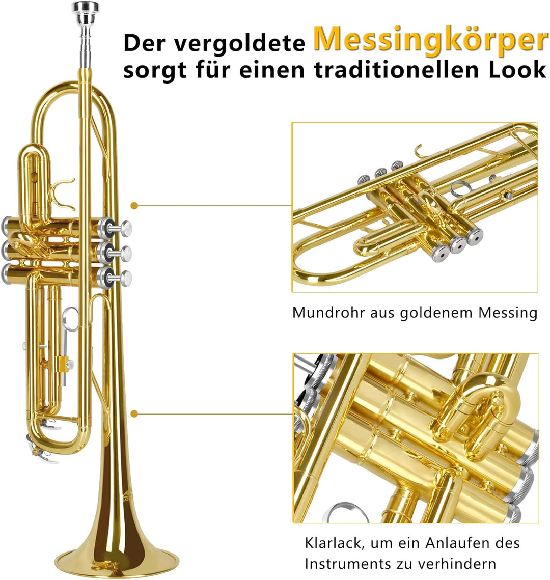 EASTROCK Standard Trompeten Set Standard-Bb-Messing Trompete Mit Hartschale, Handschuhen, Stoff,7C T