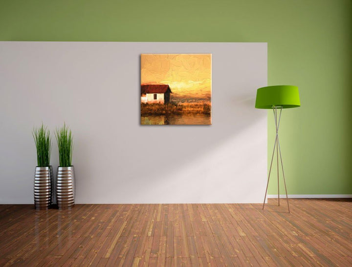 Pixxprint Haus am See bei Sonnenuntergang als Leinwandbild/Grösse: 70x70 cm/Wandbild/Kunstdruck/fert