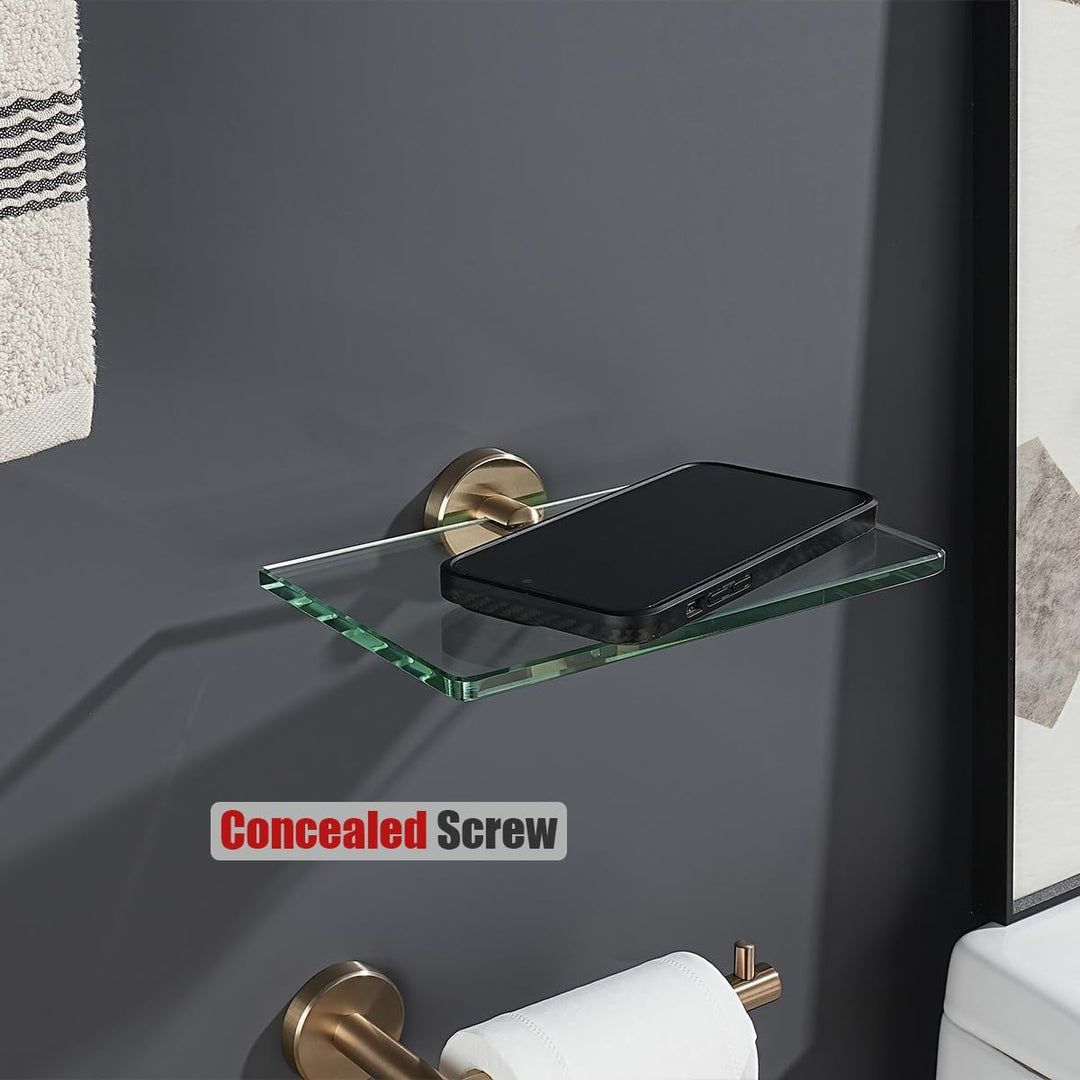 JQK Badezimmer-Glasregal, gehärtetes Glas, Duschaufbewahrung, 20,3 x 12,7 cm, 304 Edelstahl, Champag