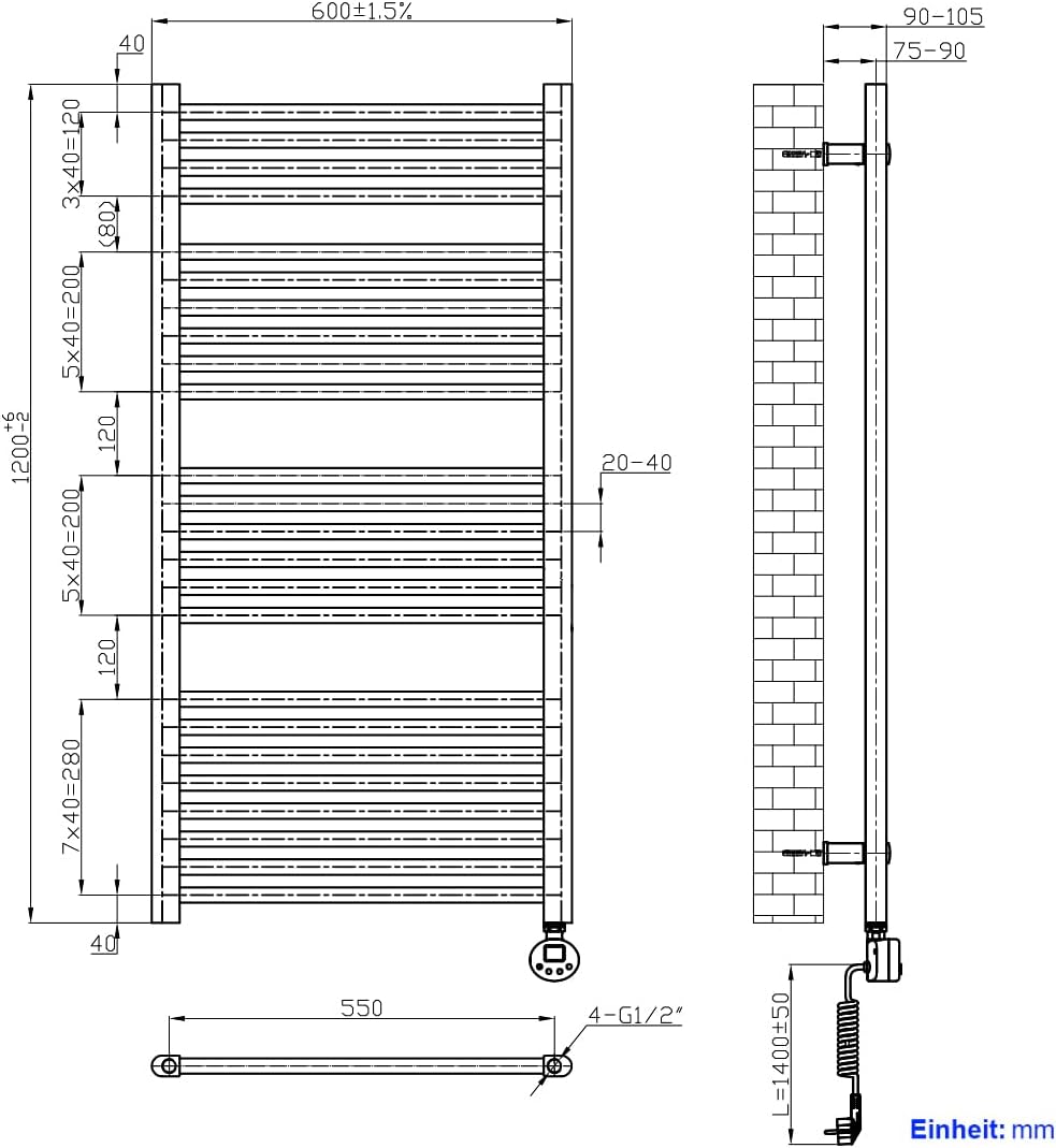 Heilmetz® Badheizkörper Elektrisch 120x60cm Handtuchwärmer heizkörper vertikal mit Timer-Funktion Ha