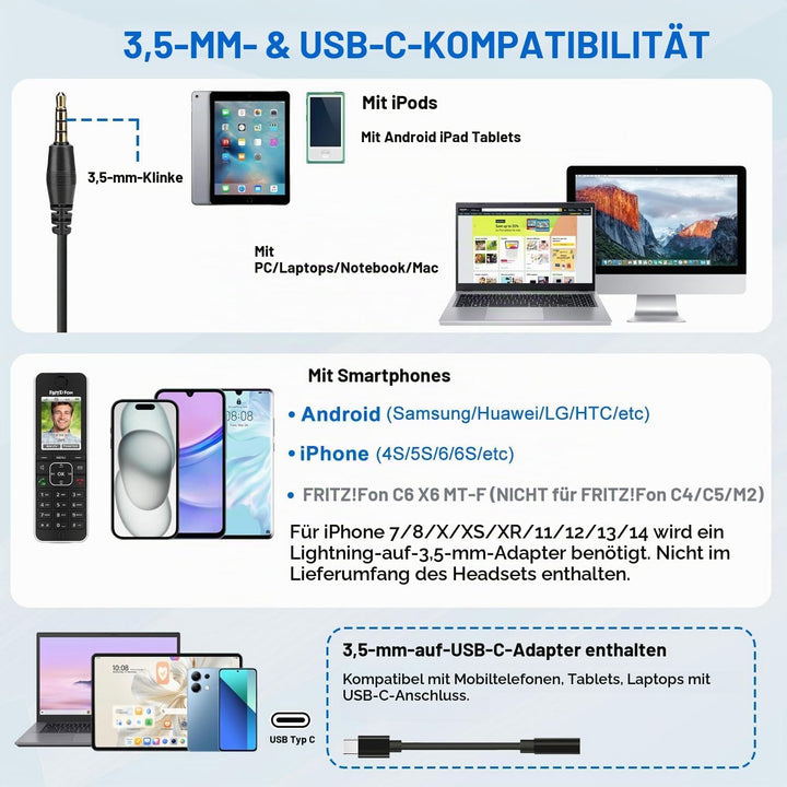 3,5mm Klinke Headset Handy mit Mikrofon Noise Cancelling, USB-C PC Headset mit Kabel für Laptop Mac